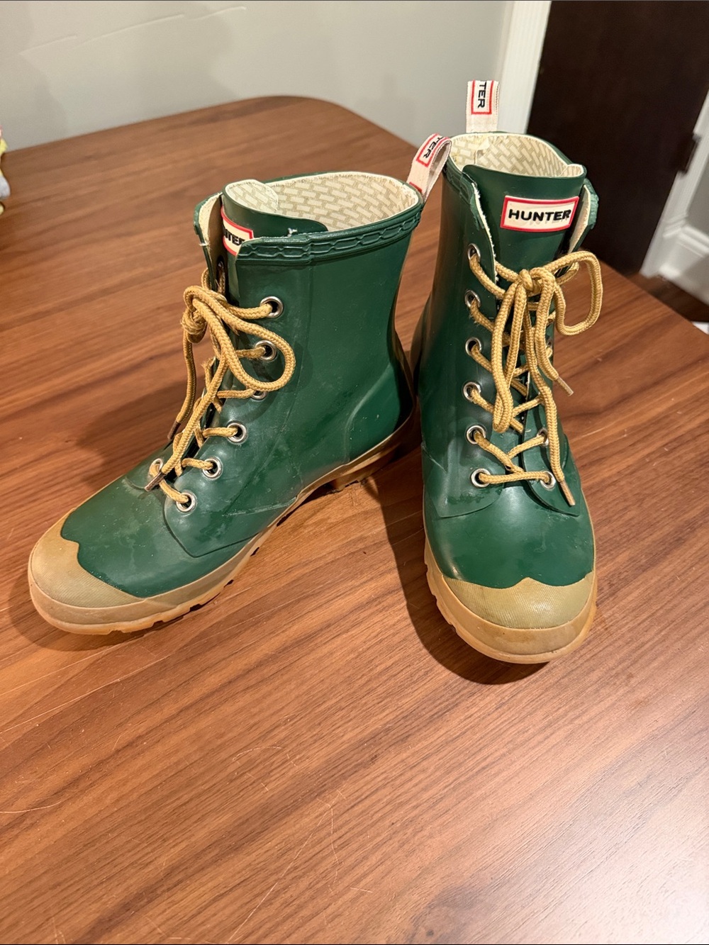 Hunter Green Rain Boots with Tan Accents and Laces